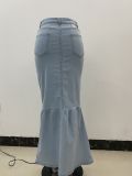 Women Stretchy Denim Fishtail Skirt
