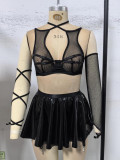 Women lace and PU-leather Sexy Lingerie Set