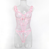 Women pink petal heart print embroidered bodysuit with sexy lingerie