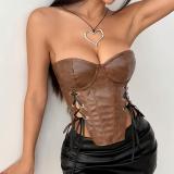 Women Pu-Leather Strapless Vest with Sexy Pu-Leather Wrapped Herringbone Top
