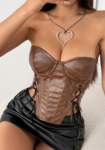 Women Pu-Leather Strapless Vest with Sexy Pu-Leather Wrapped Herringbone Top