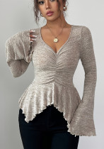 Women Fall/Winter ruffle sleeve knitted v-neck T-shirt top Women Fall/Winter ruffle sleeve knitted v-neck T-shirt top