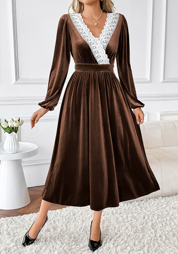 Women Fall/Winter Patchwork Lace V-Neck Long-Sleeved Velvet Maxi Dress