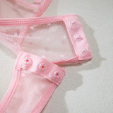 Women pink petal heart print embroidered bodysuit with sexy lingerie