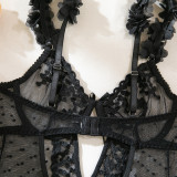 Women pink petal heart print embroidered bodysuit with sexy lingerie