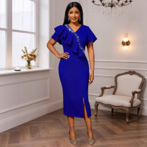 Plus-size Women blue v-neck ruffled rhinestone slit elegant bodycon dress