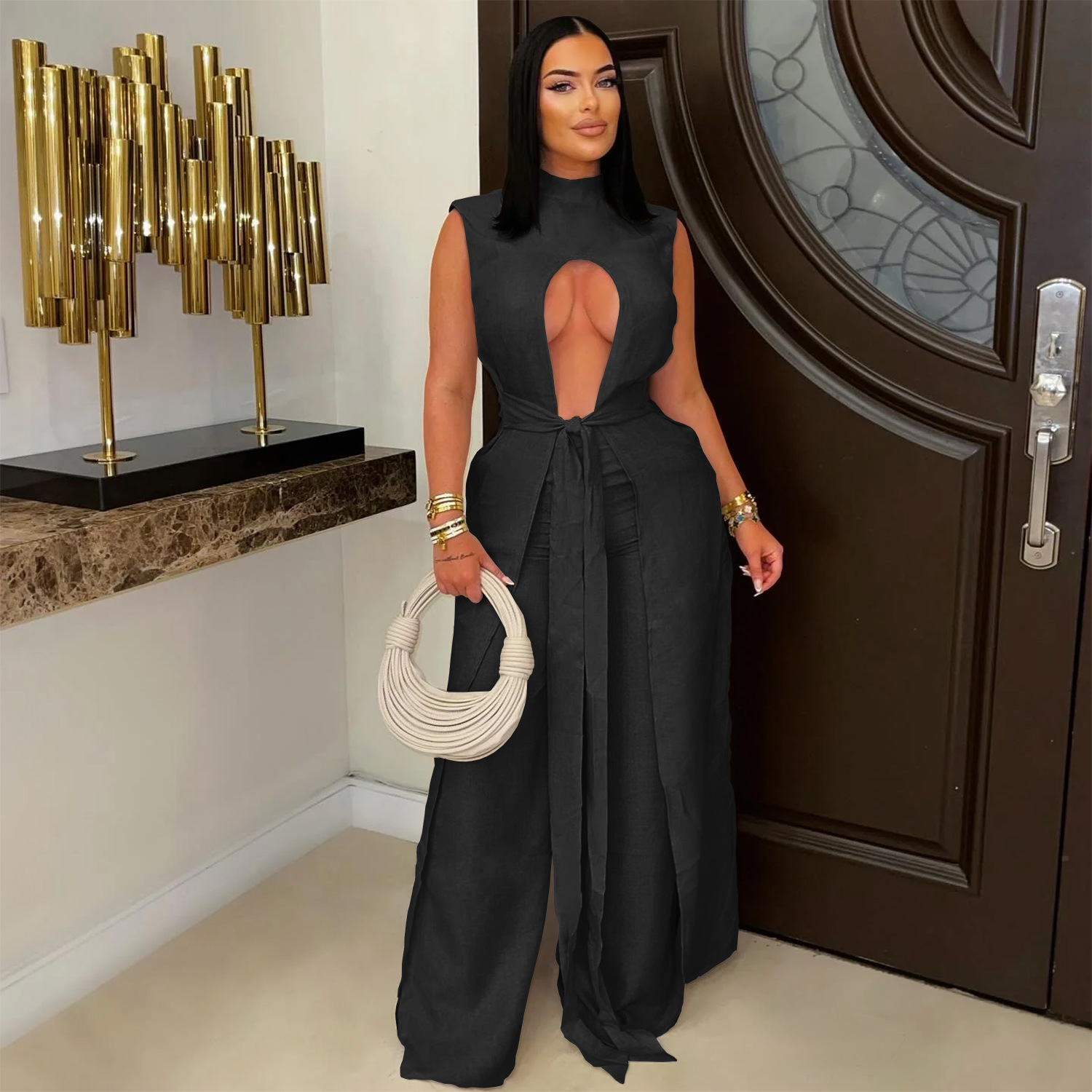 Women sexy solid lace-up sleeveless top and Pant Two Piece Set