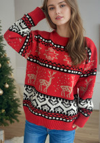 Women Winter Christmas Casual Red Fawn Jacquard Long-Sleeved Round Neck Knitted Sweater Women Winter Christmas Casual Red Fawn Jacquard Long-Sleeved Round Neck Knitted Sweater
