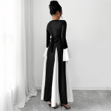 Women Fall/Winter Lace-Up Round Neck Patchwork Contrast Color Bell Bottom Sleeve Dress