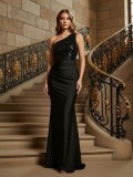 Women Solid One-Shoulder Slit Fishtail Maxi Evening Dress
