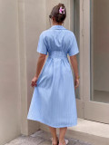 Women Striped Blue Short-Sleeved Shirt Dress