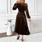 Women Fall/Winter Patchwork Lace V-Neck Long-Sleeved Velvet Maxi Dress