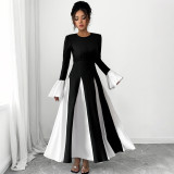 Women Fall/Winter Lace-Up Round Neck Patchwork Contrast Color Bell Bottom Sleeve Dress