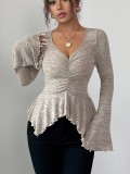 Women Fall/Winter ruffle sleeve knitted v-neck T-shirt top