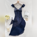 Women cheongsam with slanted slits and exposed legs, lace half-see-through thong two-piece nightdress with sexy lingerie
