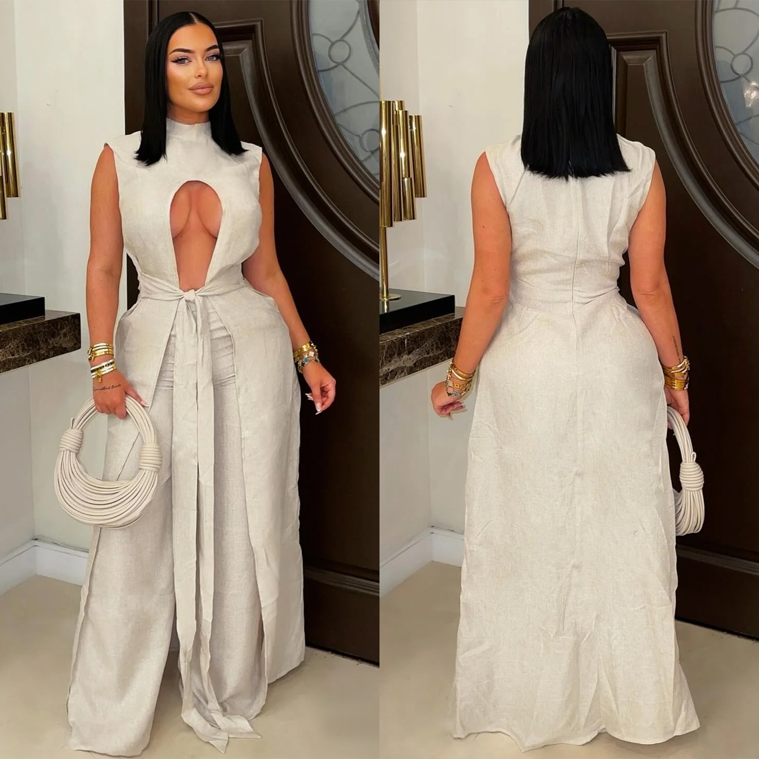 Women sexy solid lace-up sleeveless top and Pant Two Piece Set