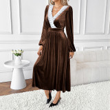 Women Fall/Winter Patchwork Lace V-Neck Long-Sleeved Velvet Maxi Dress