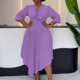 Women 3/4-sleeve tie dress with irregular pleats