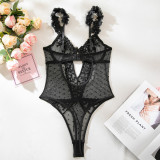 Women pink petal heart print embroidered bodysuit with sexy lingerie