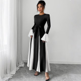 Women Fall/Winter Lace-Up Round Neck Patchwork Contrast Color Bell Bottom Sleeve Dress