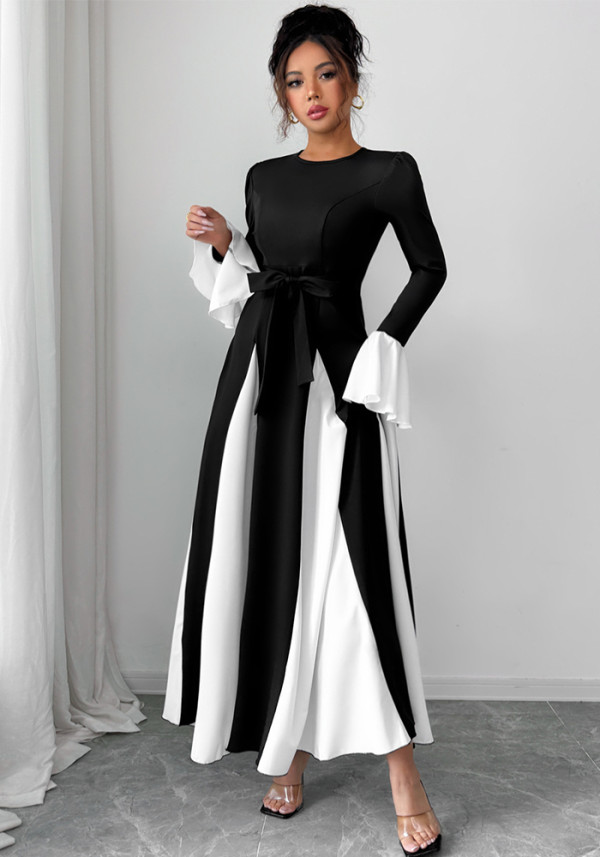 Women Fall/Winter Lace-Up Round Neck Patchwork Contrast Color Bell Bottom Sleeve Dress