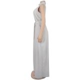 Women sexy solid lace-up sleeveless top and Pant Two Piece Set