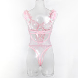 Women pink petal heart print embroidered bodysuit with sexy lingerie