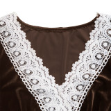 Women Fall/Winter Patchwork Lace V-Neck Long-Sleeved Velvet Maxi Dress