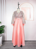 Plus-size African Women sequined lace long-sleeved V-neck elegant maxi dress