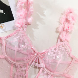 Women pink petal heart print embroidered bodysuit with sexy lingerie