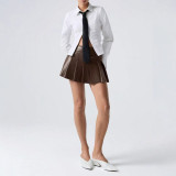 Women American Solid Pu-Leather Pleated Skirt