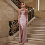 Women Solid One-Shoulder Slit Fishtail Maxi Evening Dress