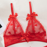 Women heart print see-through mesh bow lingerie with sexy lingerie