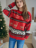 Women Winter Christmas Casual Red Fawn Jacquard Long-Sleeved Round Neck Knitted Sweater