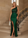 Women Solid One-Shoulder Slit Fishtail Maxi Evening Dress