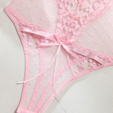 Women pink petal heart print embroidered bodysuit with sexy lingerie