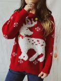 Women Elk Flocked Jacquard Pearl Pom Knitting Christmas Sweater
