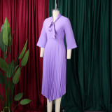 Women 3/4-sleeve tie dress with irregular pleats