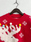 Women Elk Flocked Jacquard Pearl Pom Knitting Christmas Sweater