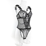 Women pink petal heart print embroidered bodysuit with sexy lingerie