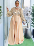 Plus-size African Women sequined lace long-sleeved V-neck elegant maxi dress