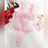 Women pink petal heart print embroidered bodysuit with sexy lingerie