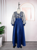 Plus-size African Women sequined lace long-sleeved V-neck elegant maxi dress
