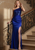 Women Solid One-Shoulder Slit Fishtail Maxi Evening Dress