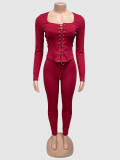 Women's Autumn Lace-Up Long Sleeve Solid Two-Piece Pants Set