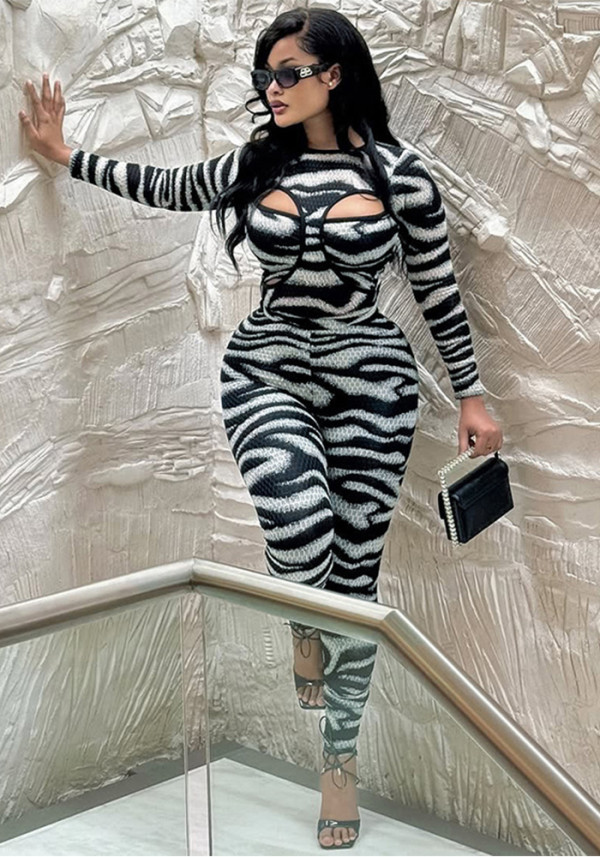 Women's Autumn Round Neck Cut-Out Long Sleeve Bodysuit Pants Set