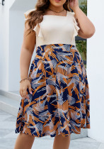 Women's Plus Size Color-Blocked Geometric Pattern Sleeveless Zipper Elegant Chic Dress