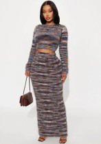 Women's Fashion Knitting Stripes Long Sleeve Two Piece Skirt Set Women's Fashion Knitting Stripes Long Sleeve Two Piece Skirt Set