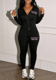 Women's Slim Fit Letter Print Hooded Long Sleeve Track Two Piece Pants Set