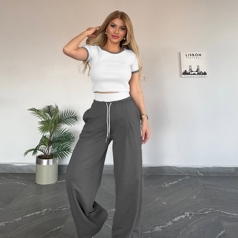 Women's Summer Color-Blocked Round Neck Short Sleeve Casual Pants Set